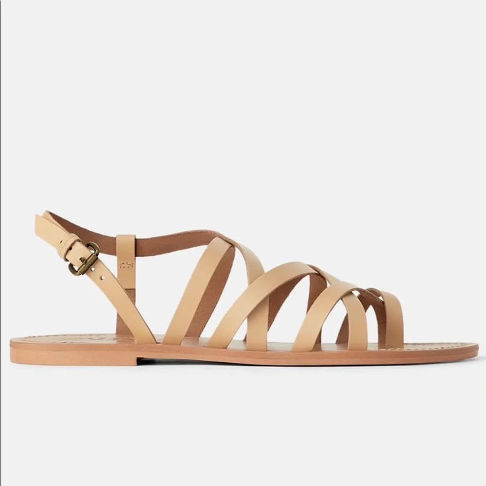 🤍 Zara Vachetta LEATHER FLAT SANDALS WITH STRAPS 6624/001 - Picture 5 of 9